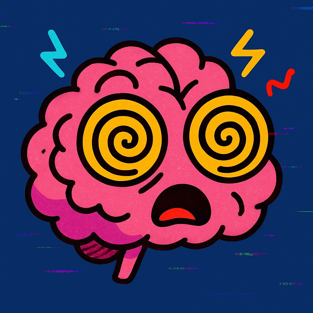 cartoon brain with spirals in the eyes, looking dazed or overwhelmed, subtle glitch or static effects, brainrot concept emoji