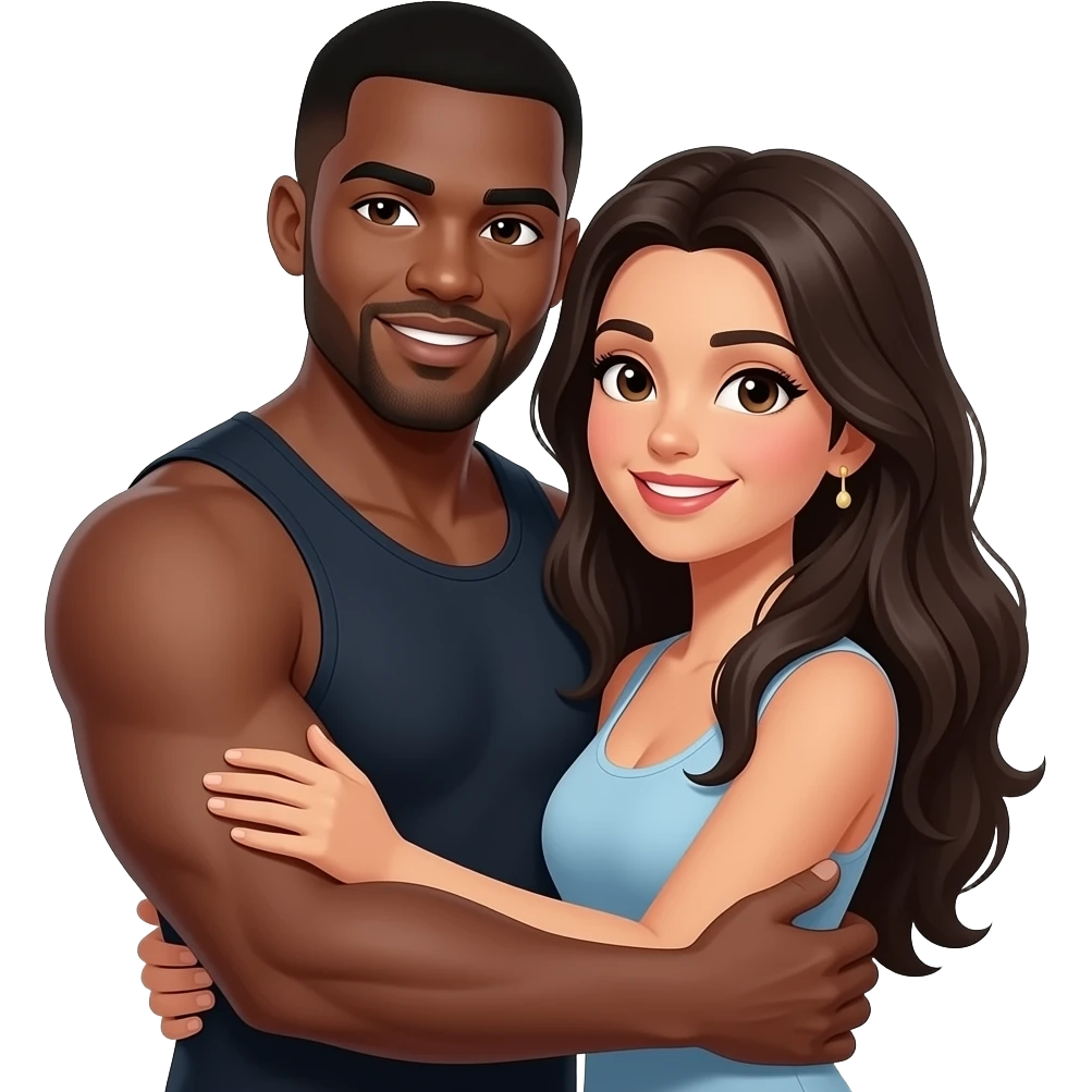 Black muscular man and Spanish woman with long hair hugging emoji