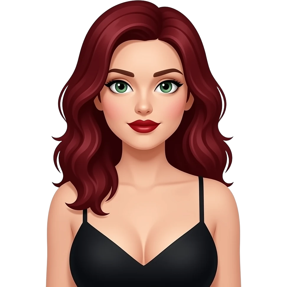 Weiblich, dunkelrote Haare, helle Hautfarbe, dunkelroter lippenstift, dunkelgrüne augen und ein schwarzes top und große oberweite emoji