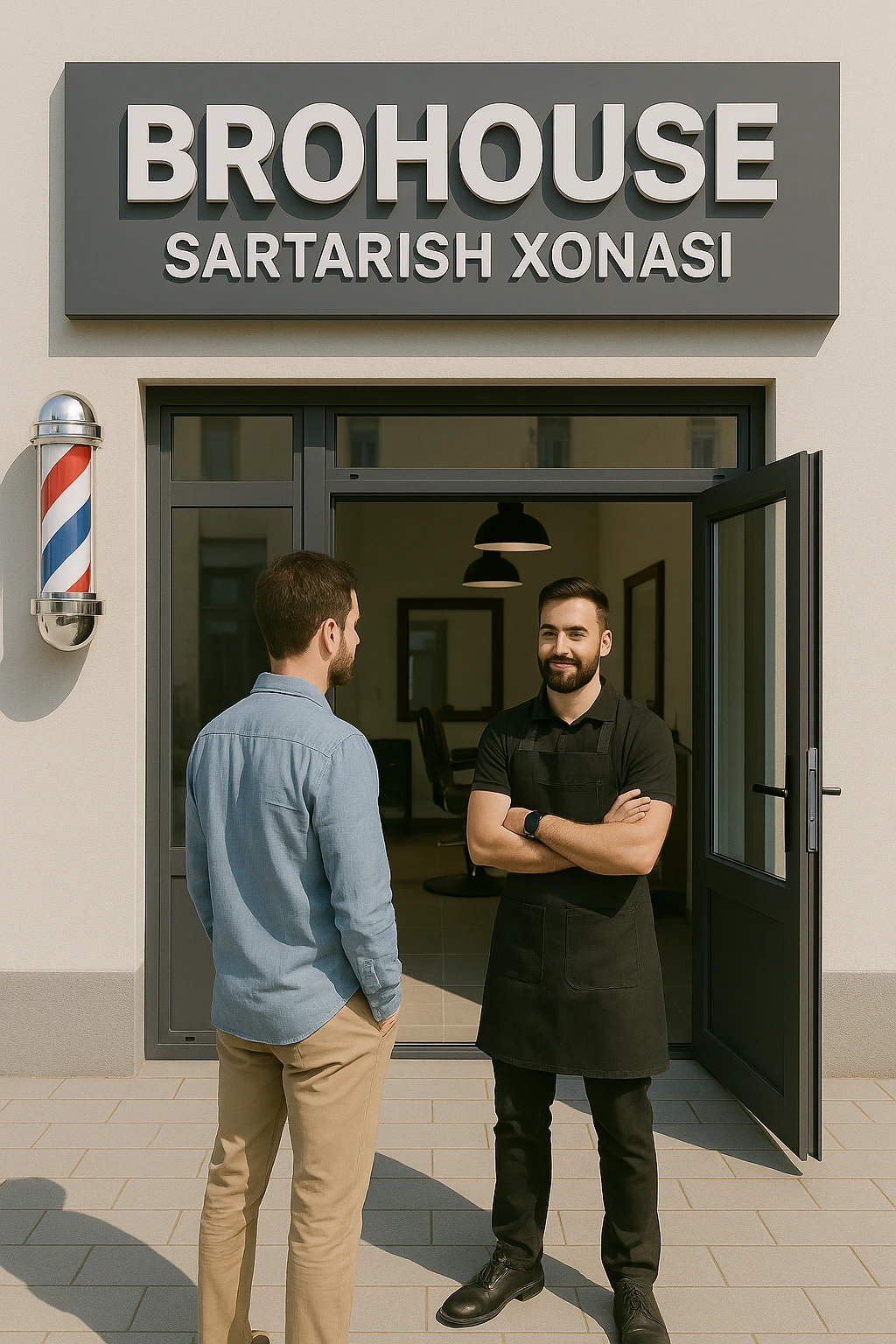 eni shu rasimga boyagi sartaosh oka eshik oldida tursin va tashqarida esa mijoz emoji