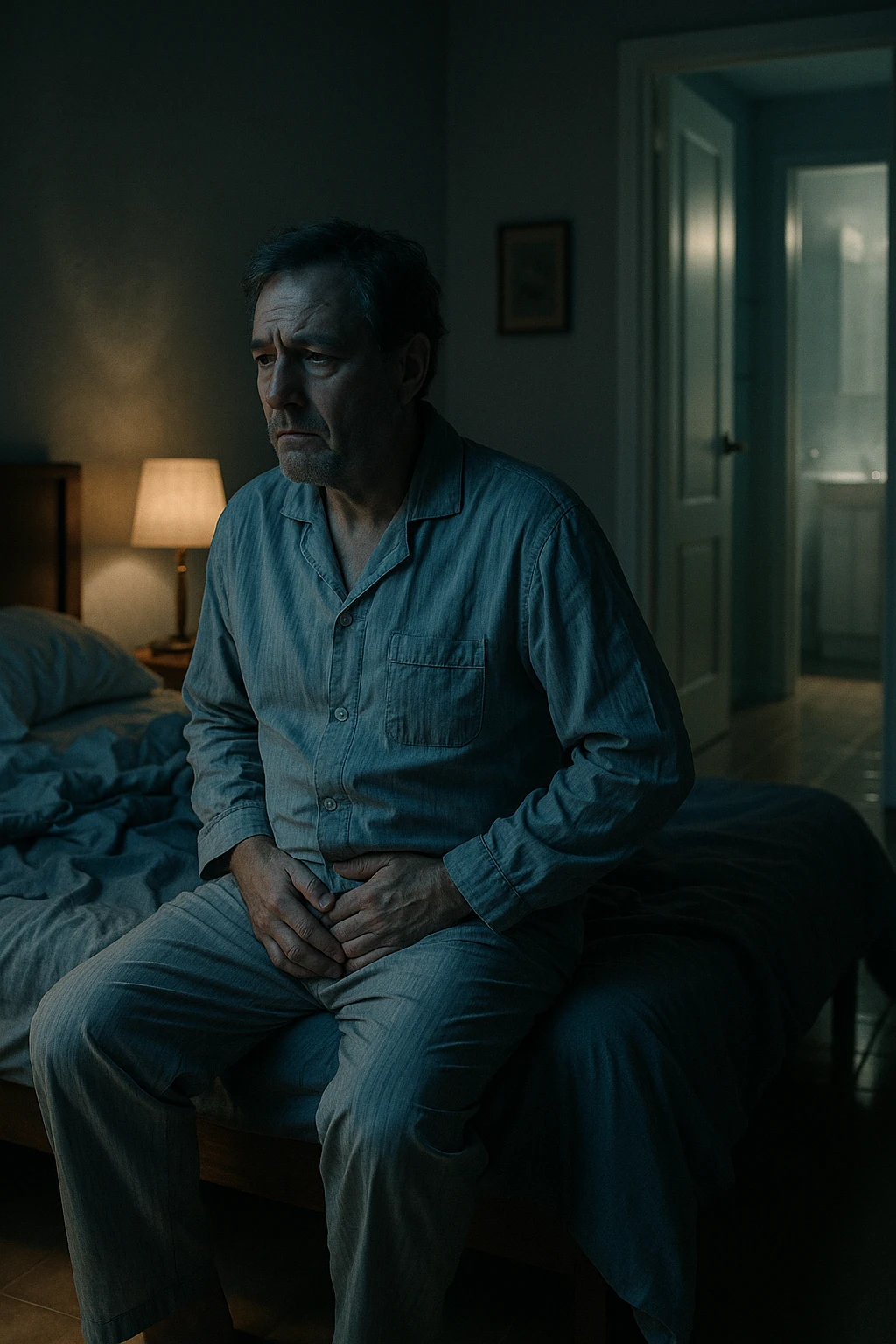 A nighttime scene inside a dimly lit bedroom. A man in his 50s sits stanco sul bordo del letto, con lo sguardo perso nel vuoto, mentre una luce fioca proviene dalla lampada sul comodino. Indossa un pigiama spiegazzato, e si tiene leggermente la zona bassa dell’addome. Dietro di lui, il letto è visibilmente disfatto, segno di sonno interrotto. Una porta socchiusa sullo sfondo mostra la luce accesa in bagno, con il pavimento riflettente che indica i numerosi passaggi notturni. Il tono è cupo ma realistico, con colori freddi, blu e grigi, e un leggero bagliore lunare che filtra dalla finestra. Stile: 35mm film, profondità emotiva, dettaglio ambientale. in italiano emoji