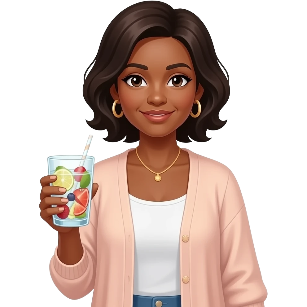 BALD AFRICAN AMERICAN WOMAN N HER 50S IN FLOWY CARDIGAN HOLDING A CUP OF FRUIT INFUSED WATER emoji