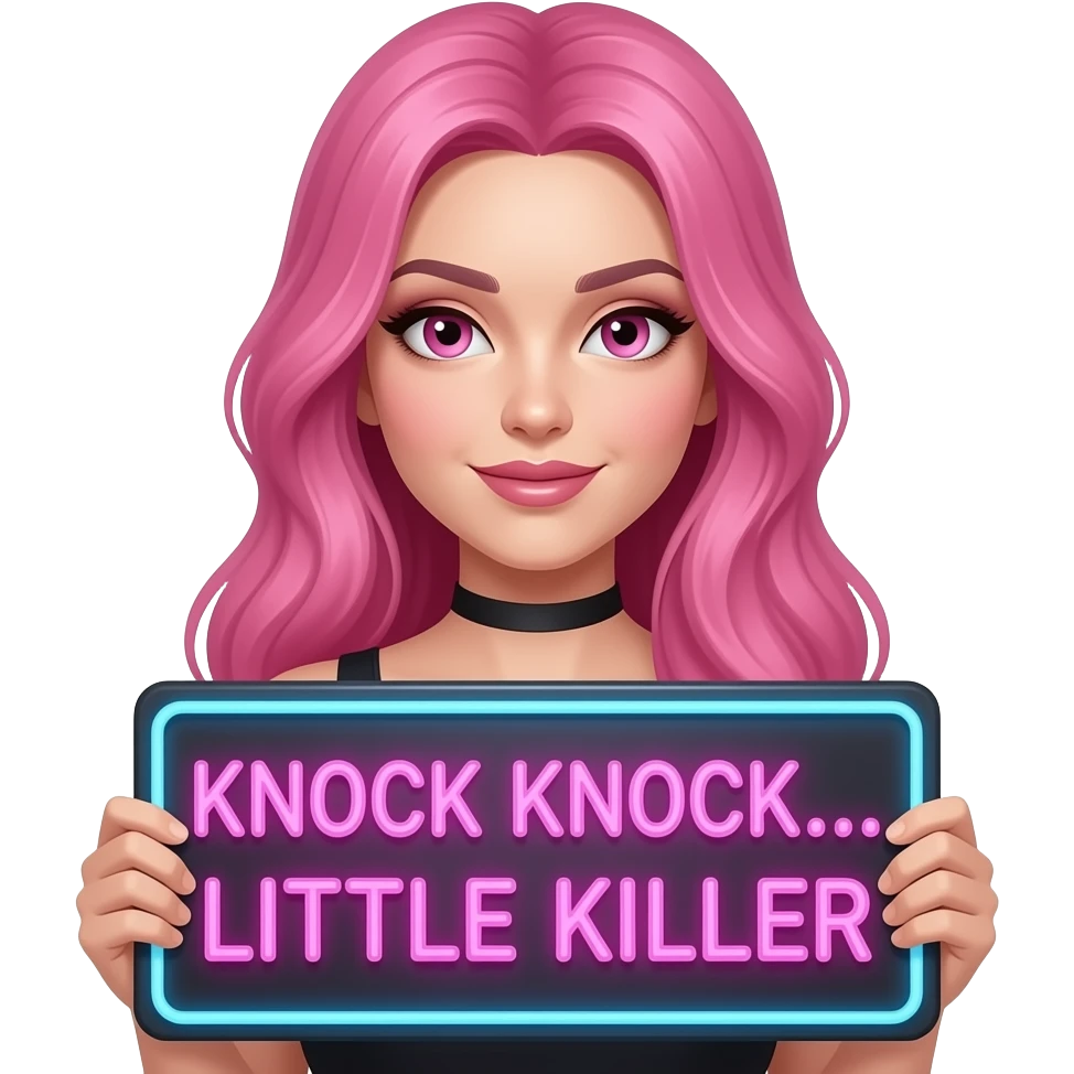 sexy girl with long pink hair and pink eyes wearing a holding a KNOCK KNOCK... LITTLE KILLER sign emoji