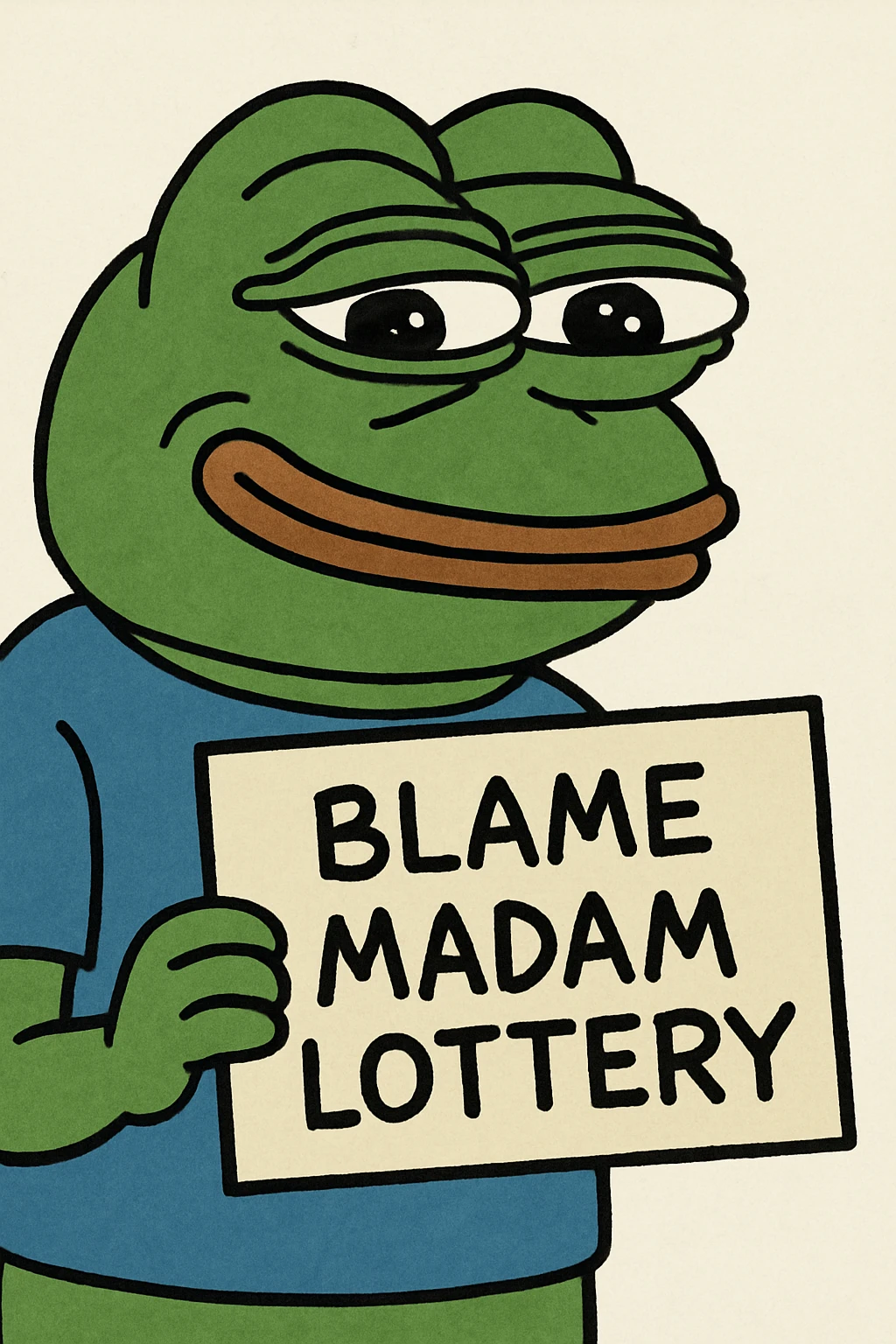 Pepe the Frog with a 'Blame Madam Lottery' sign, looking mischievous emoji