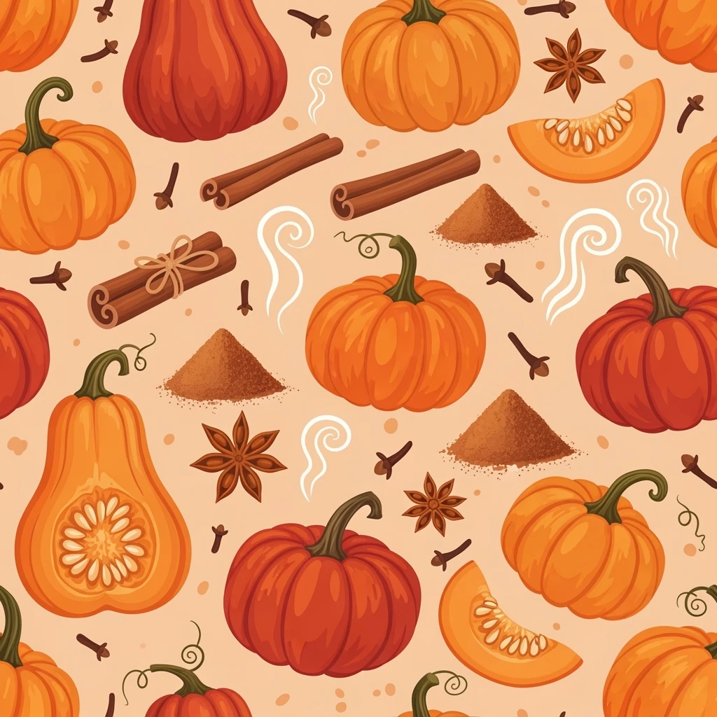 seamless pattern of pumpkins and pumpkin spice, warm orange and cinnamon tones, cozy autumn vibes, soft texture, vector style, high resolution emoji