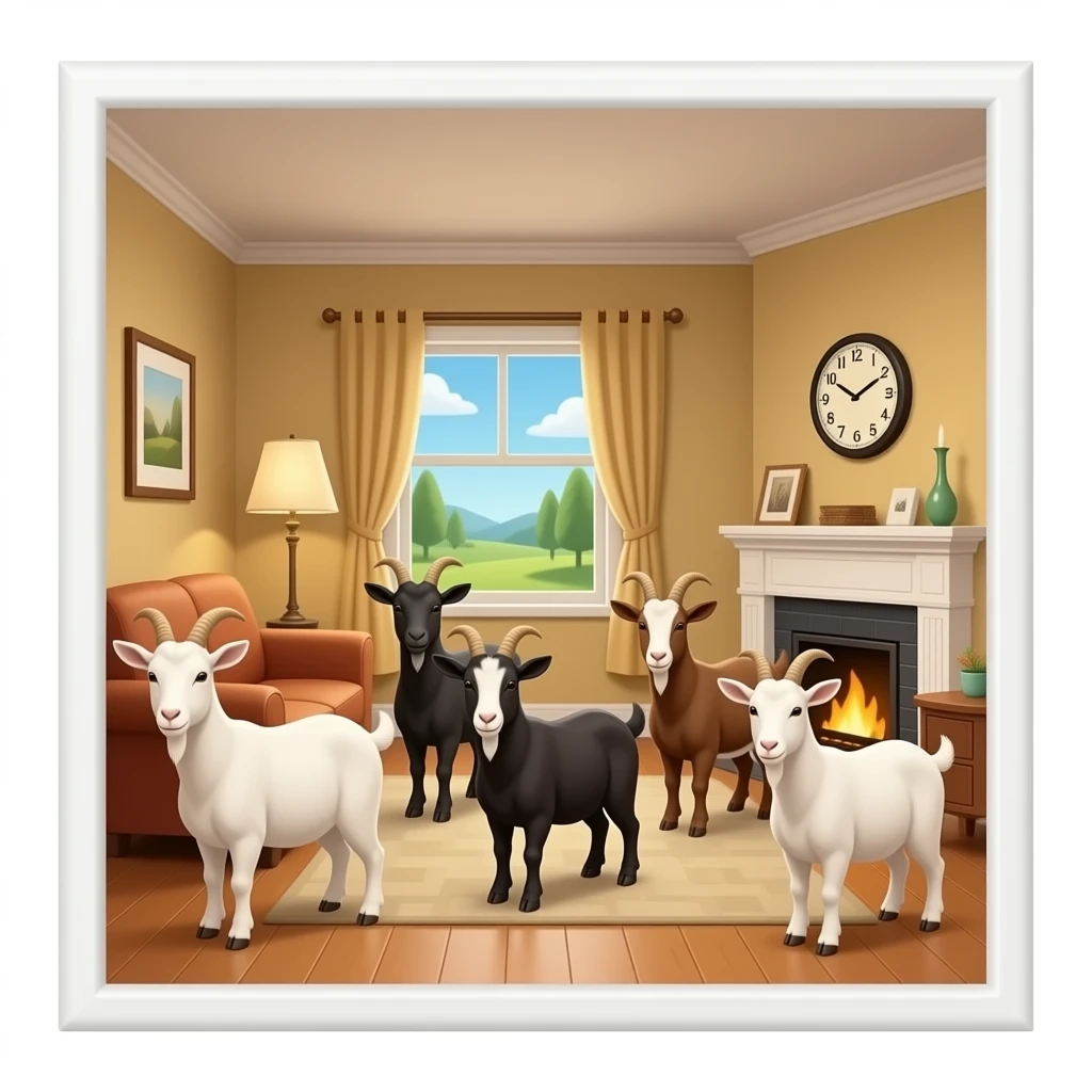 siete cabritas dentro de una casa con un sofa, un reloj una chimenea... que sea realista emoji