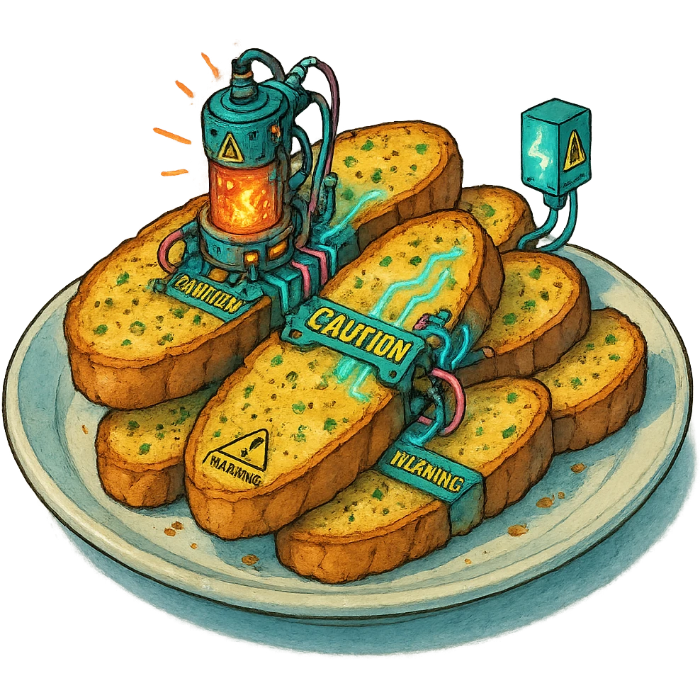 a plate of thermonuclear futuristic cyberpunk garlic bread, flawless, perfect, masterwork. highly dangerous emoji