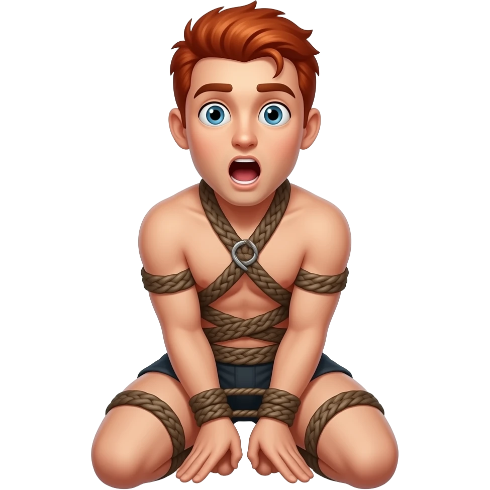 bondage submissive red haired man kneeling with mouth open in a wide O and eyes open emoji