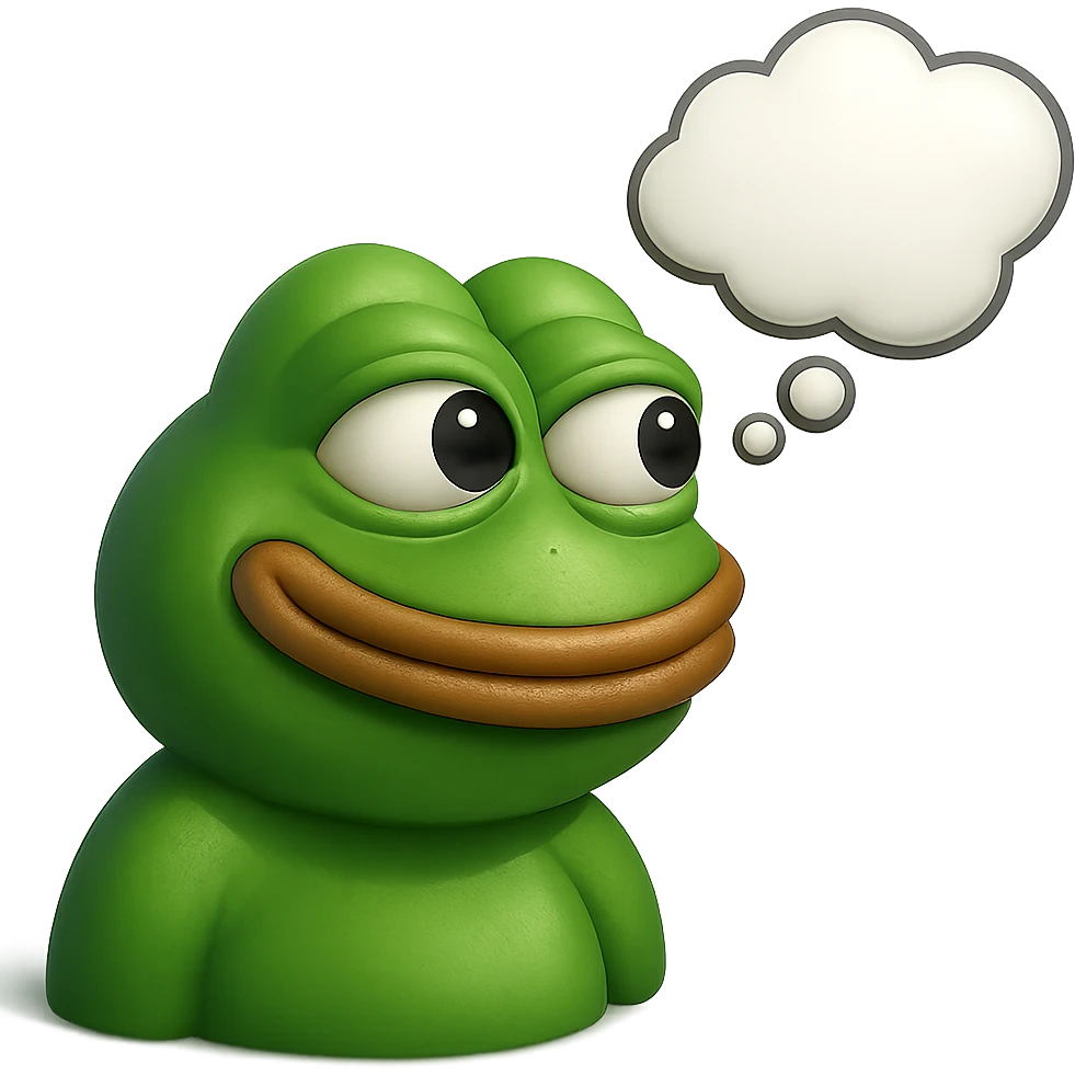 make a pepe in bright green smiling with thought bubble looking at left side in 3d style, good highlights and shadows, drop shadows emoji