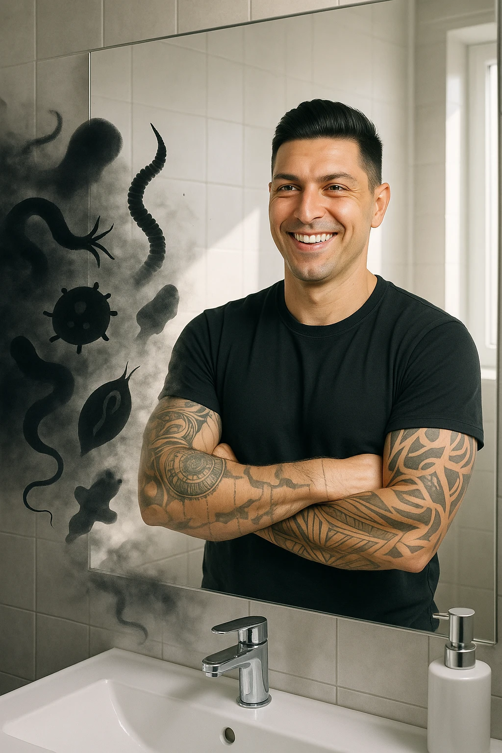 a man stands in a brightly lit bathroom, looking relieved and revitalized as he examines his reflection in the mirror. In the foreground, stylized, shadowy images of parasites (such as worms or protozoa) are shown leaving his body, dissolving into mist or fading away. His posture is upright and his expression is one of newfound energy and health. emoji