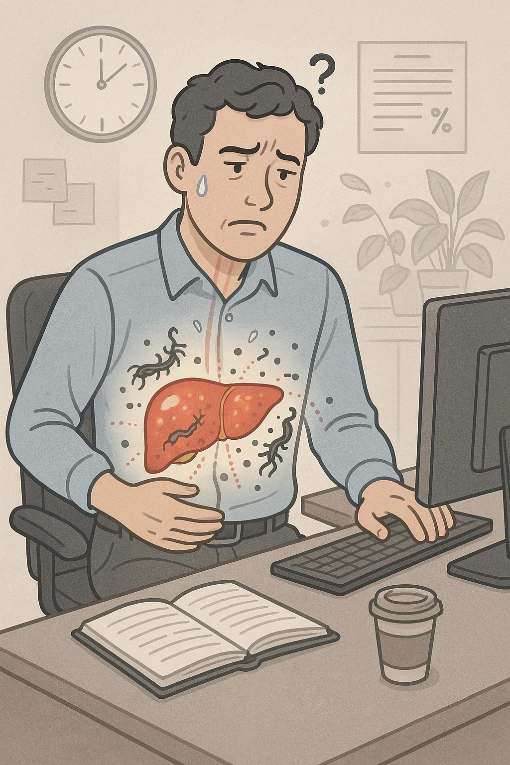 Man sitting at office desk experiencing subtle symptoms of liver dysfunction, upper abdominal pain, nausea, and unexplained fatigue Parasites: Types, Symptoms, Treatment & Prevention, expression of confusion about vague health issues, liver shown in transparent overlay with early inflammation, toxins beginning to accumulate in bloodstream, productivity declining as liver struggles to filter properly emoji