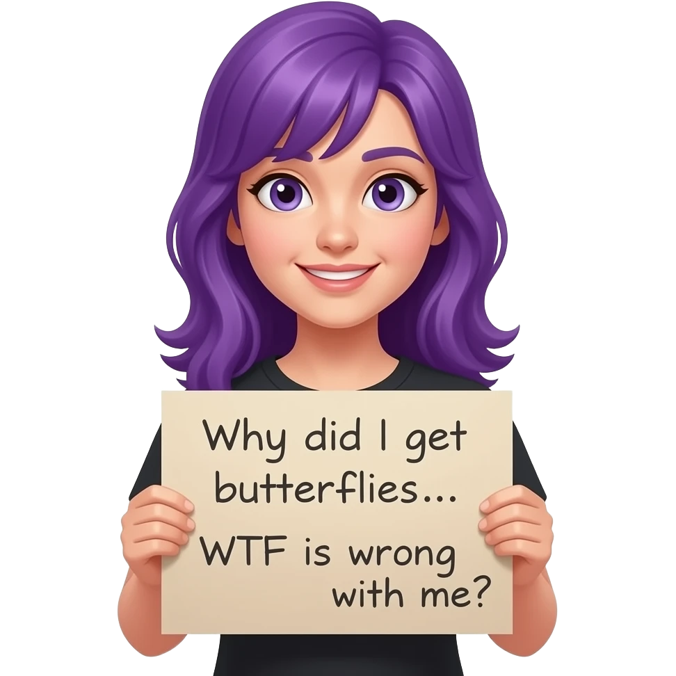 girl with long purple hair with a Why did I get butterflies... WTF is wrong with me? sign emoji