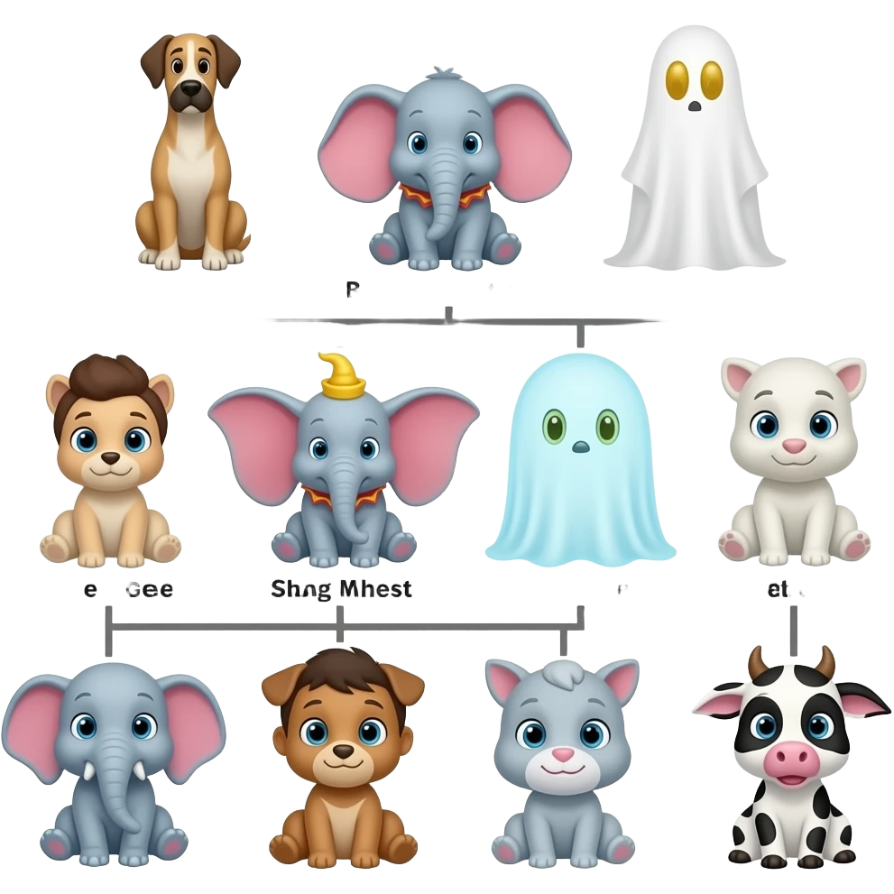 Marwin The Great Dane family tree of Marwin: Marwin & Babar elephant & dumbo & scratch the ghost yellow eyes blue ghost & molly mcgee &Pete & Tom chiku the elephant hakukhu the cow emoji