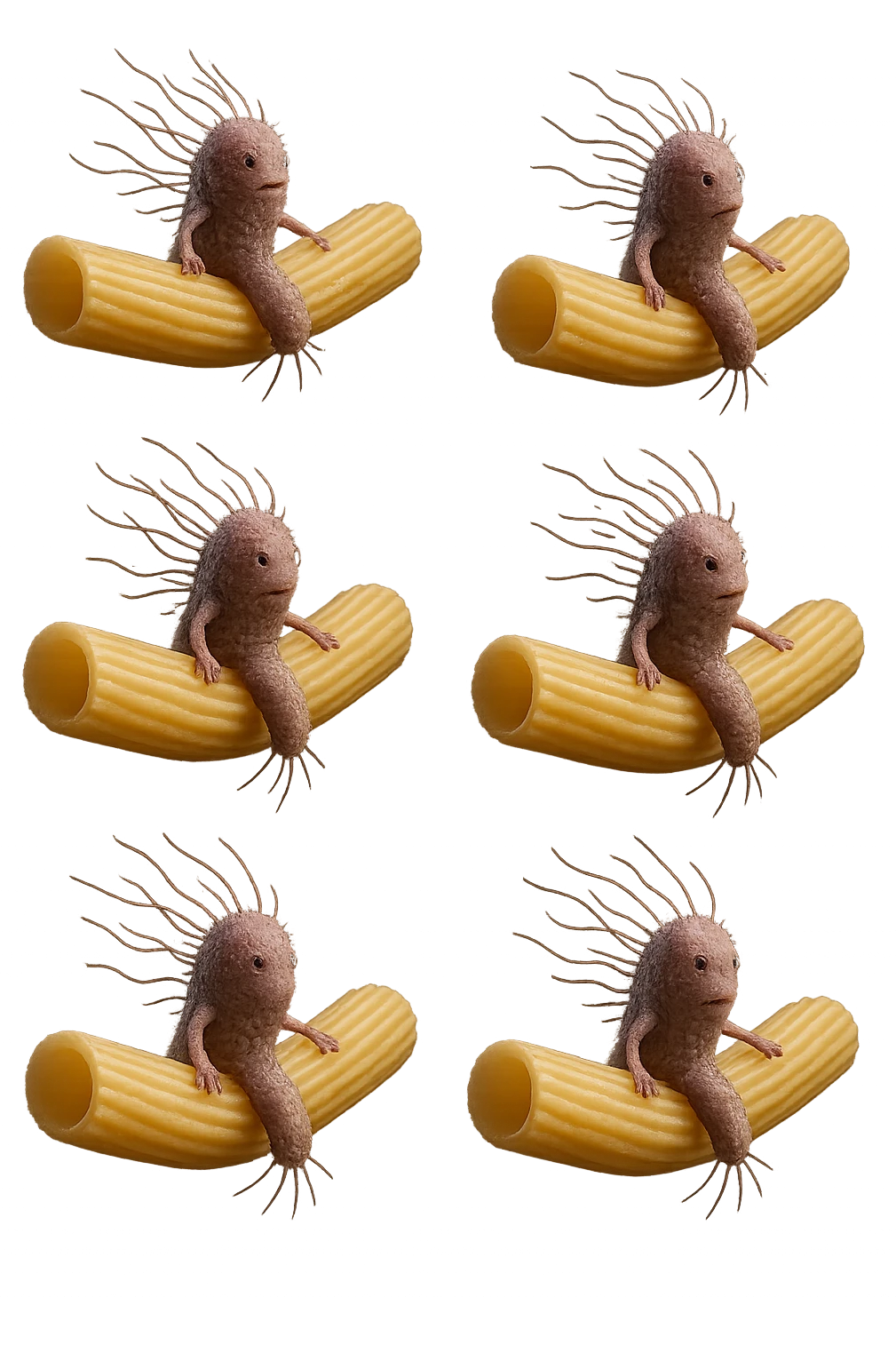 SEI BATTERI intestinALI FLUTTUANO IN ARIA CON PENNE DI PASTA RIGATE, IPERREALISTICO 4K emoji