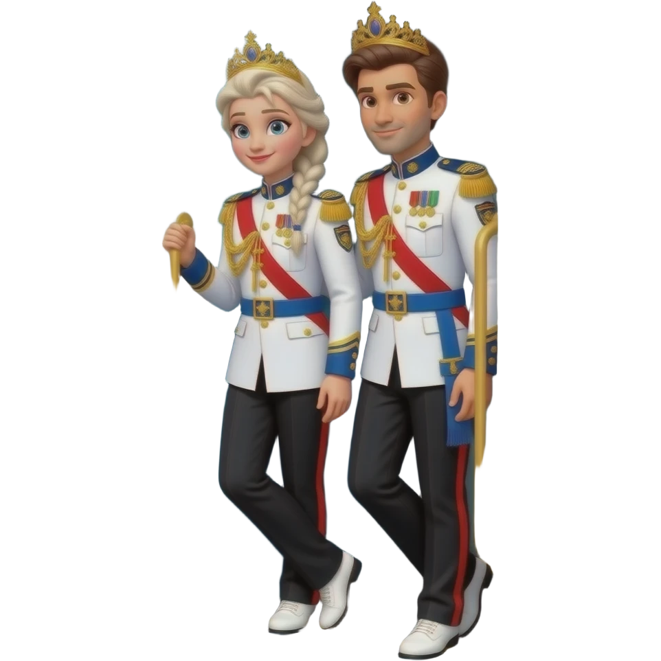 Elsa and Anna arendelle from disney frozen are same wearing gold tiara white military tunic arm badge shoulder cord medal red sash blue belt black trouser with both side red stripe white shoes and they both lean out of kolkata Indian suburban passenger train door in Sodpur West Bengal India emoji
