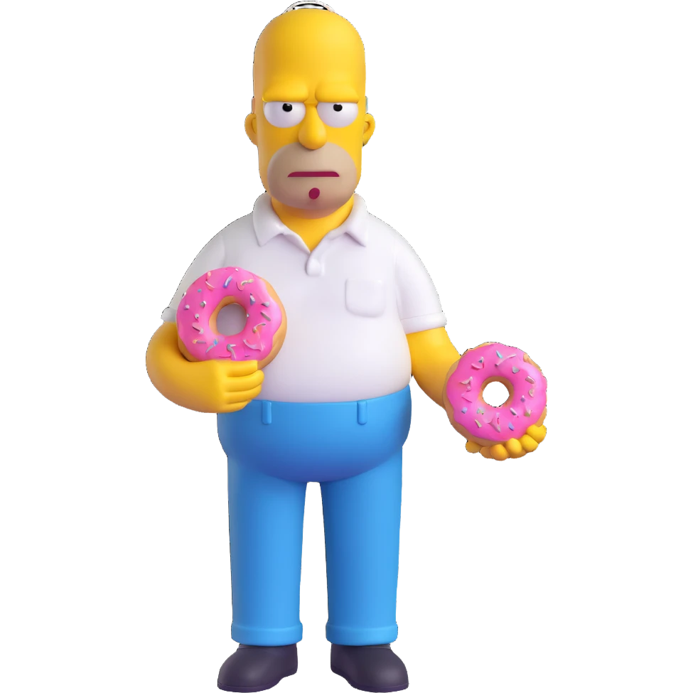 Homer Simpson 3D style, yellow skin, bald head with two hairs, white shirt, blue pants, holding a pink donut emoji