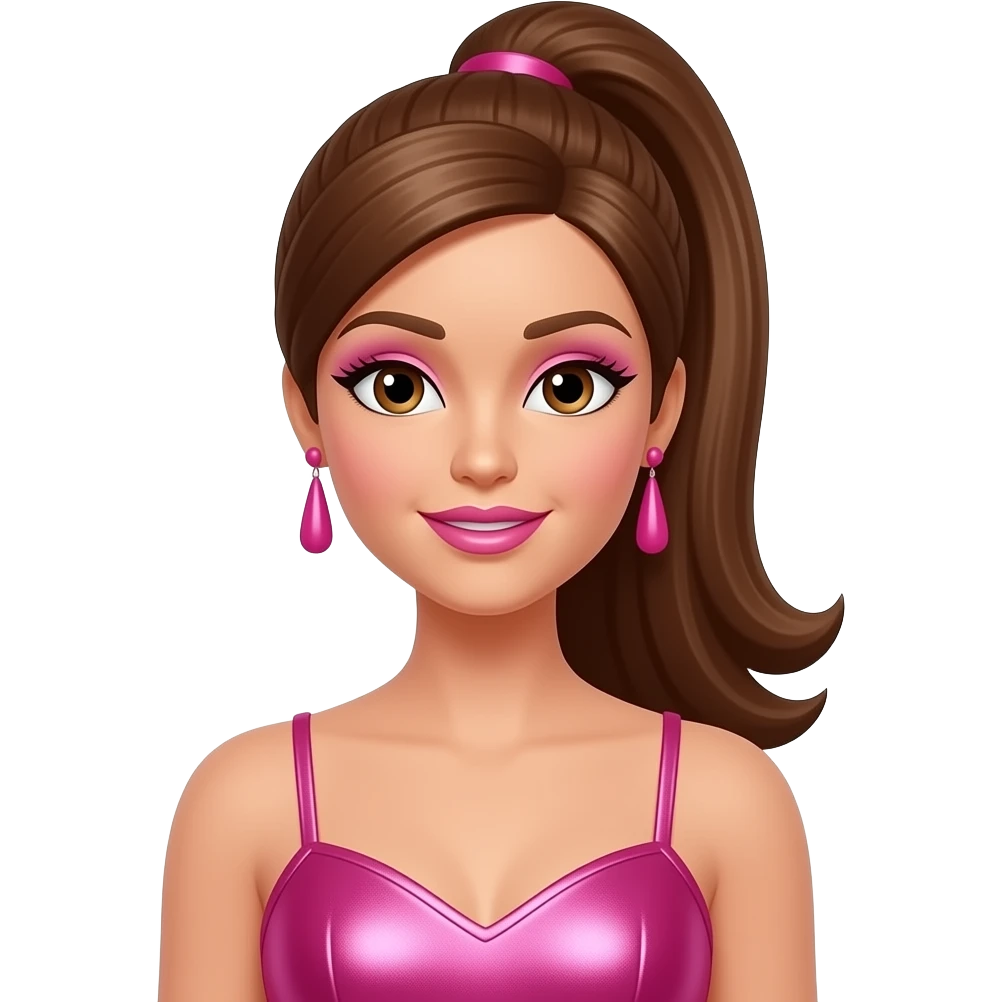 Teresa from Barbie and Friends with hazel eyes, long brown high ponytail hair, pink eyeshadow, pink lipstick, pink metallic halter dress, pink earrings emoji