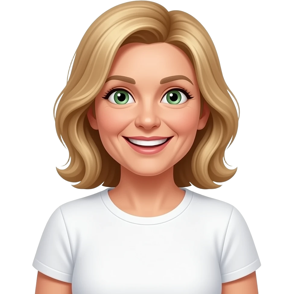 make this real, woman, blonde-ish hair, greenish eyes, 40s, sparkle in the eyes, fun, smile, no earrings, white T shirt emoji
