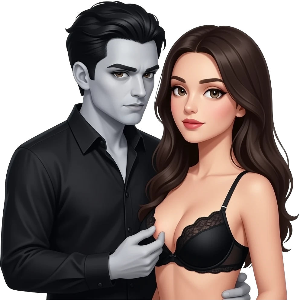 Gothic dark man  biting a womans nipple softly. Let the woman wear black lingerie Realistic. Fantasy emoji