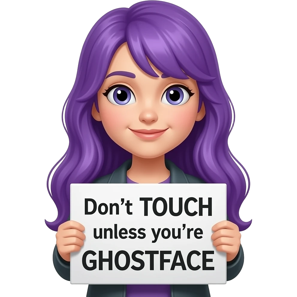 girl with long purple hair holding a Don't TOUCH unless you're GHOSTFACE sign emoji