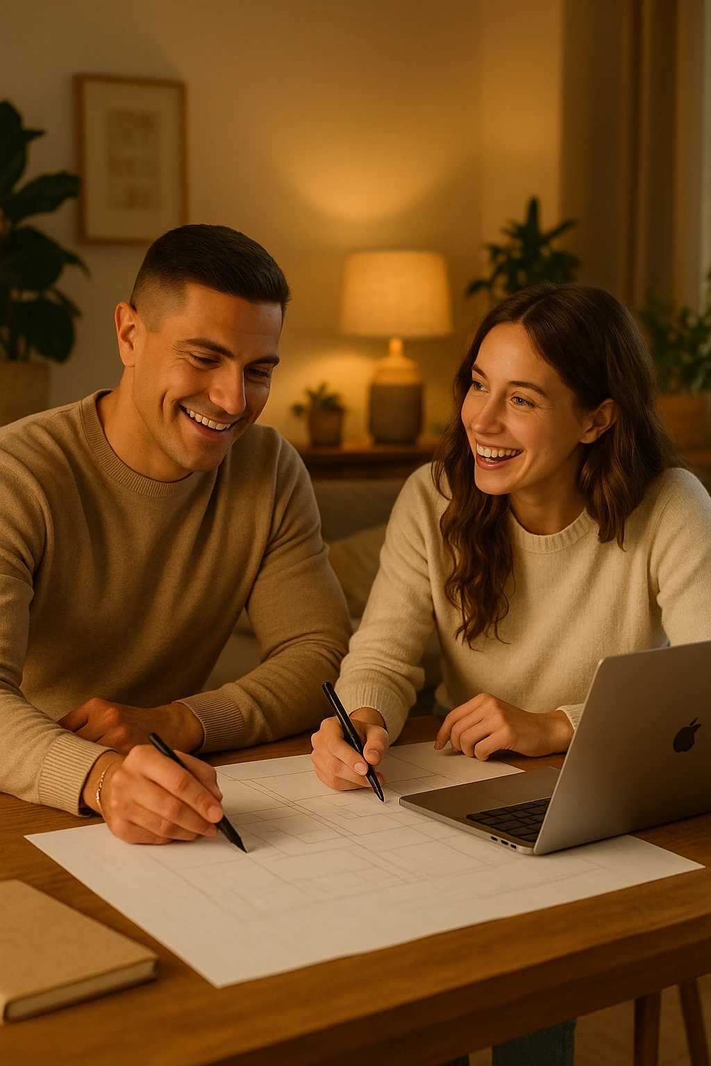 a man and woman work together on a project at home, with the man offering guidance and the woman actively participating and contributing ideas. Their expressions show teamwork and satisfaction, highlighting the benefits of collaboration and shared leadership. The setting is warm and inviting. emoji