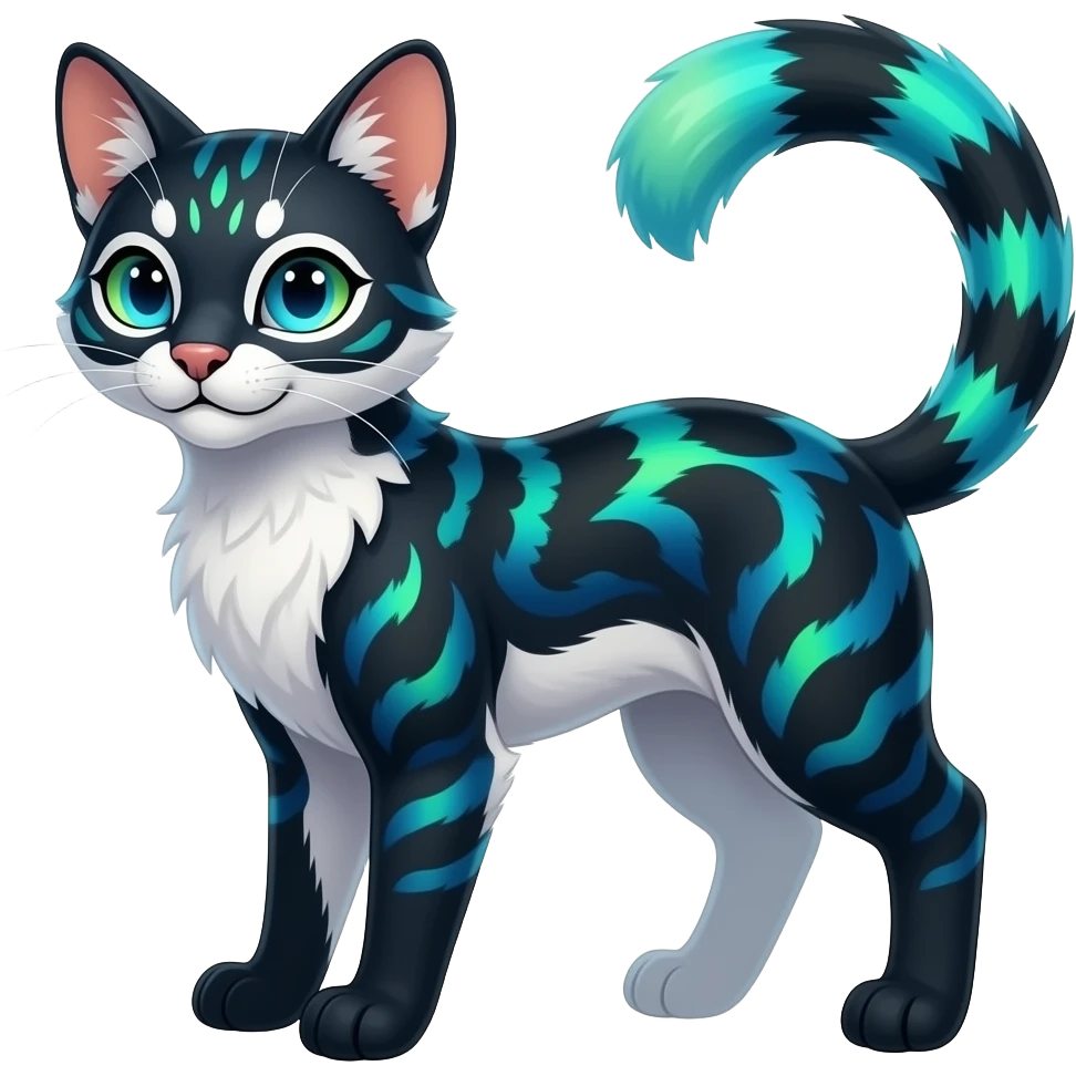 Colorful realistic silky smooth glossy tropical thin exotic beautiful lanky gradient-colored cobalt-blue-obsidian-black-neon-green-gradients, with white underside, iridescent glorious fantasy-civet-genet-Cacomistle-oncilla-animal-hybrid-fursona with pattern markings (full body) emoji