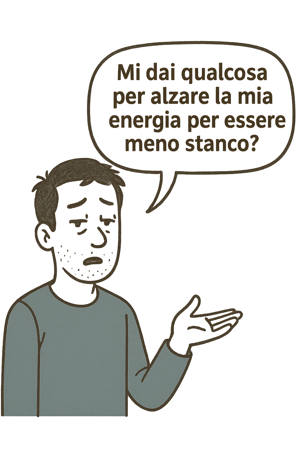 uomo che dice in una nuvoletta "mi dai qualcosa per alzare la mia energia per essere meno stanco?" emoji