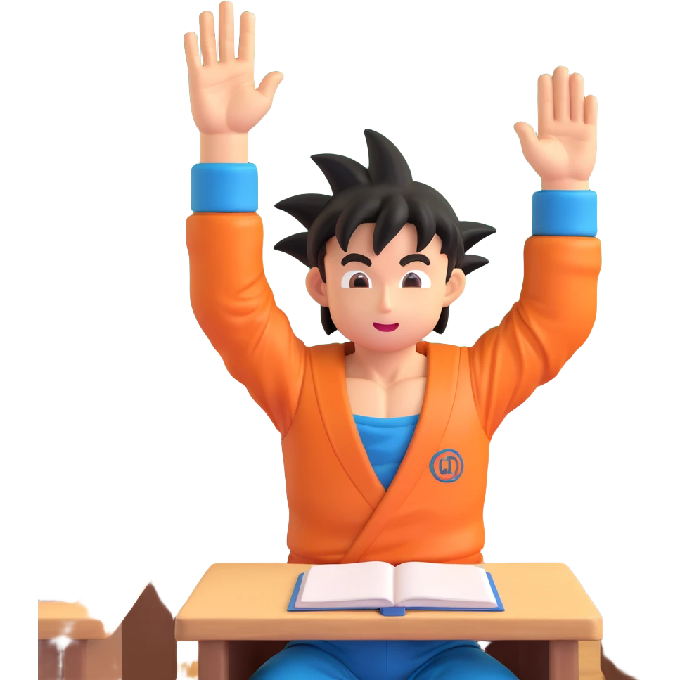 Goku as a student, raising his hand in class, school setting, 3D style emoji