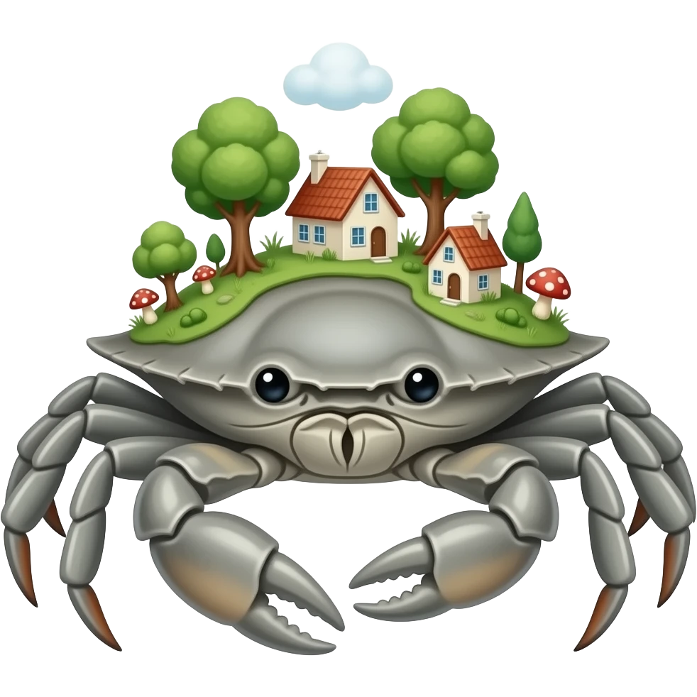 A Gray crab with houses on top of its shell in trees on it and also with mushrooms on it emoji
