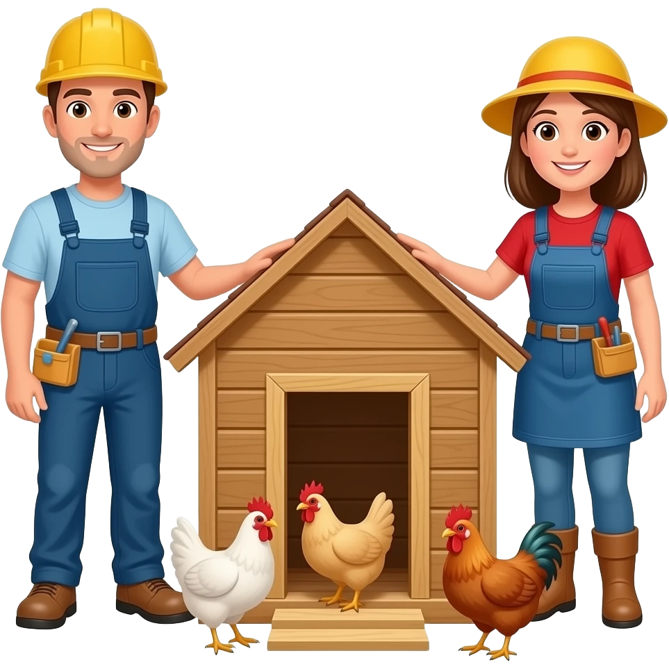 Construire un poulailler avec des bricoleurs homme et bricoleuse femme et des poules emoji
