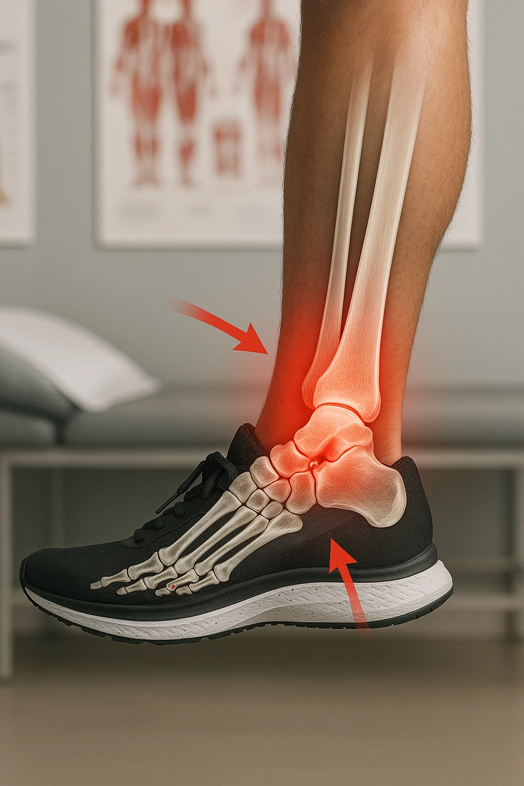 Realistic, vertical medical scene: a runner’s foot and lower leg are shown in profile, with a transparent overlay revealing a small stress fracture in the metatarsal bone. Red highlights and arrows indicate the area of pain and injury. The setting is a medical exam room, with anatomical charts in the background. emoji