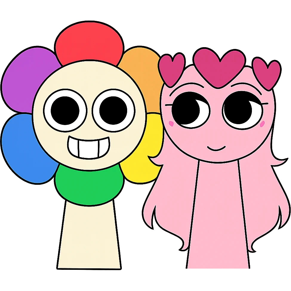 Combine the two characters from the provided images into one image, standing side by side. Keep their original colors and styles unchanged. Use a transparent background. emoji