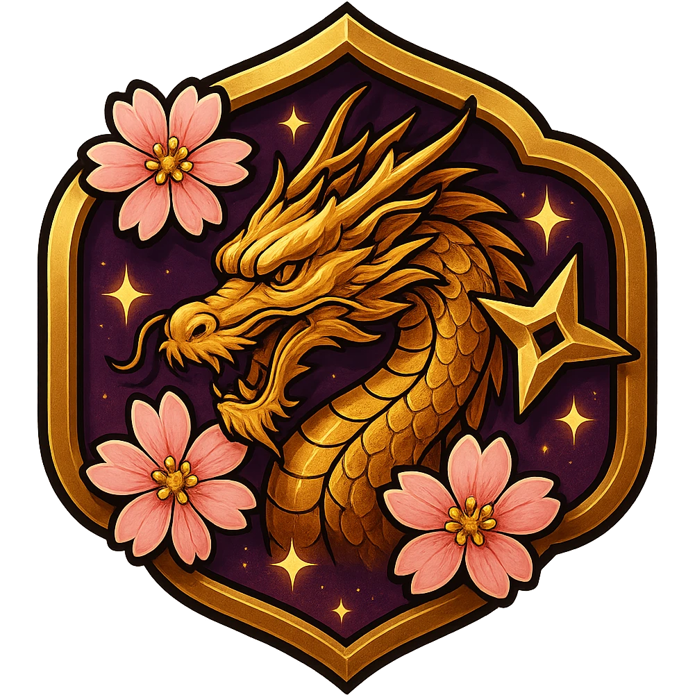Edit the badge with a transparent background sized for Twitch or Discord. Change the badge background to a rich purple with gold accents. Make the Japanese dragon inside less cartoonish and more elegant and detailed, while keeping the Japanese crest shape, sakura flowers, ninja star, and sparkly effects. Use bold anime-style highlights and shading, but make the dragon look more realistic and traditional in style. emoji