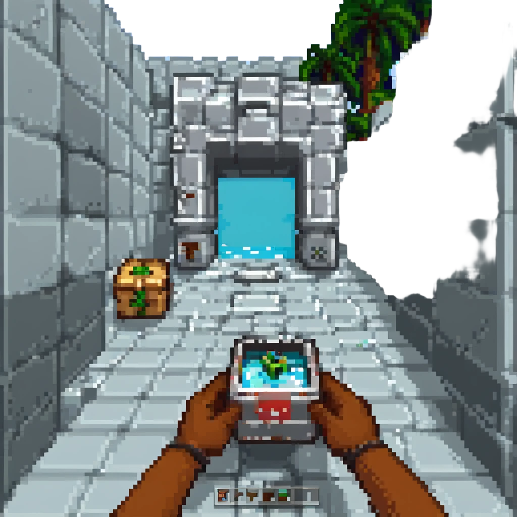 pixel art of Minecraft first-person view, hand holding a block, inventory bar at the bottom, classic Minecraft UI emoji