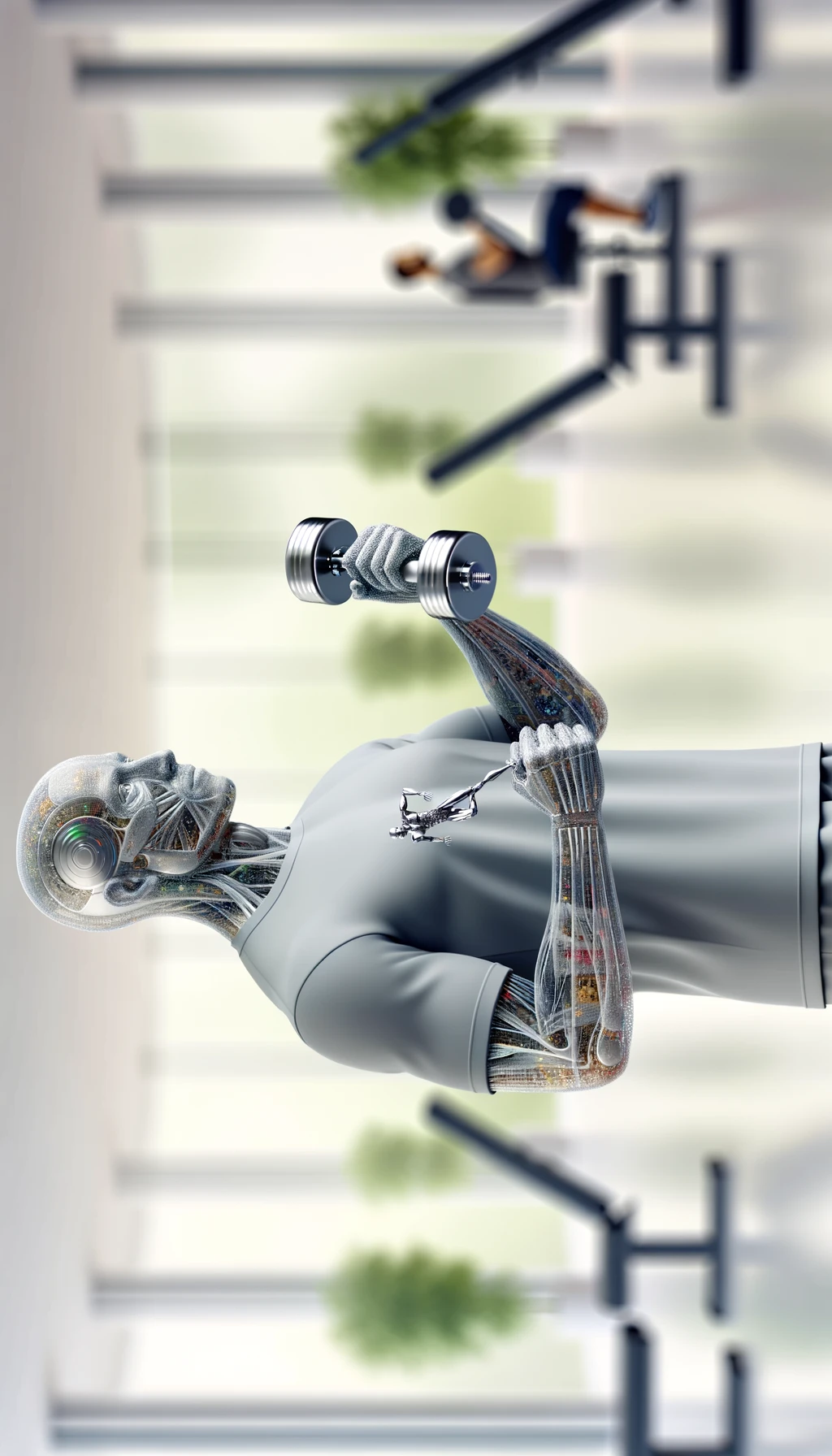 corpo umano anatomico in una palestra che fa un esercizio con manubri da palestra in mano, sfondo chiaro e minimal sfocato della palestra moderna, iperrealistica 4k emoji