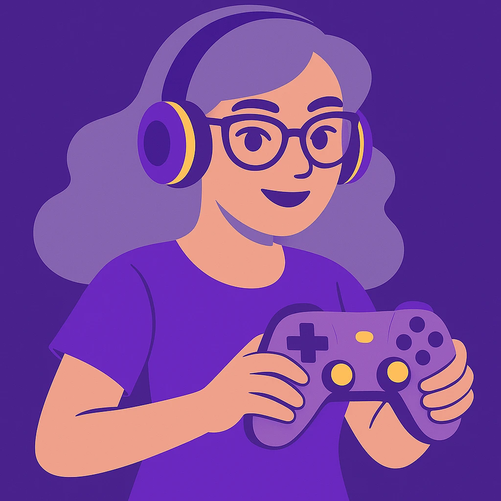 Add yellow accents to the details such as controller buttons, headphone trim, or accessories. Change her hair color to a soft grey-purple. Keep the vibrant toon style with purple and lilac as the main colors. emoji