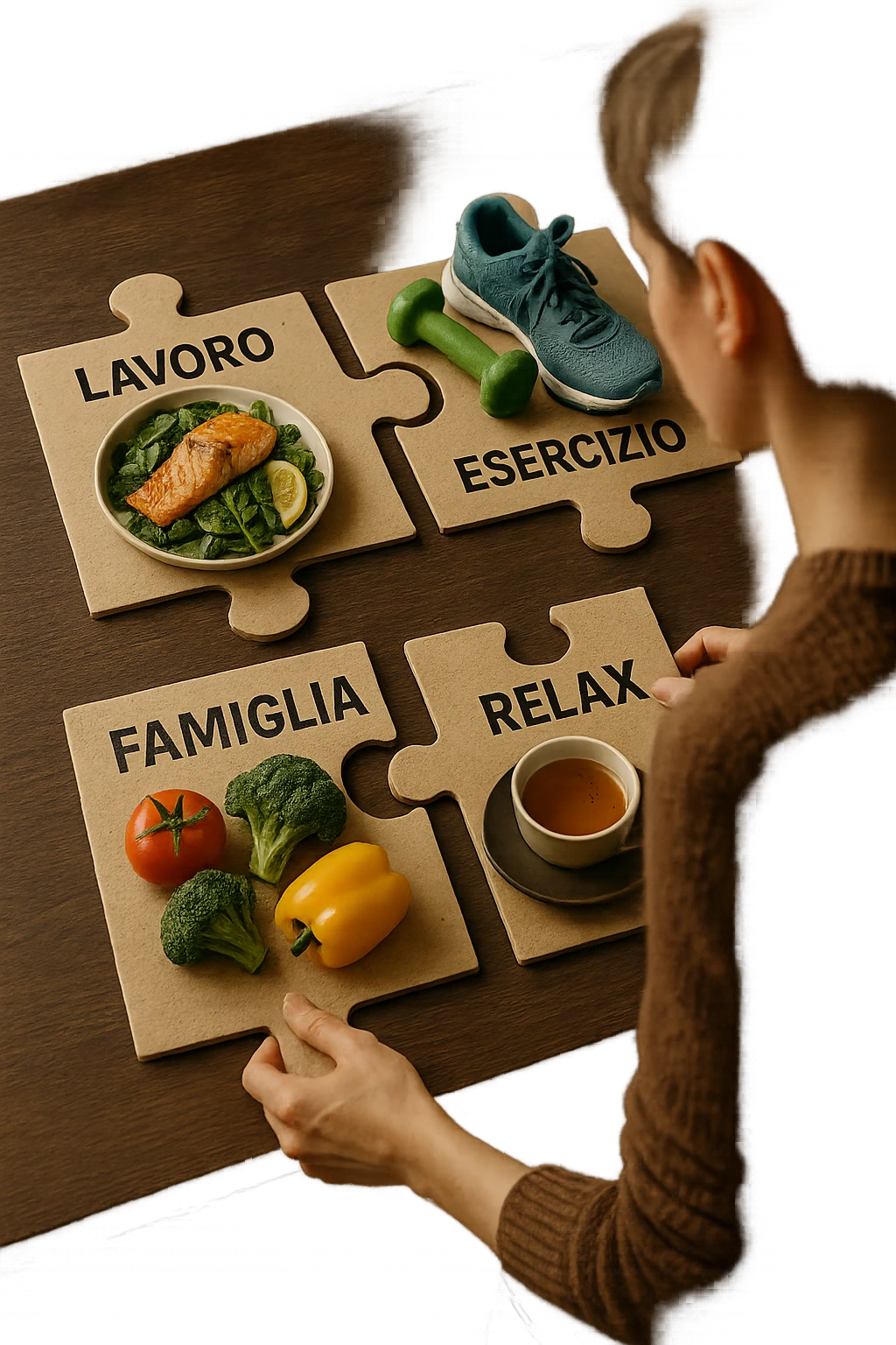 realistica cinematic photo a person is surrounded by puzzle pieces, each representing a different aspect of their life (Lavoro, Esercizio, Famiglia, Relax), and healthy foods are integrated into each piece. The person assembles the puzzle, creating a complete, personalized nutrition plan. The mood is uplifting and creative. in italiano emoji