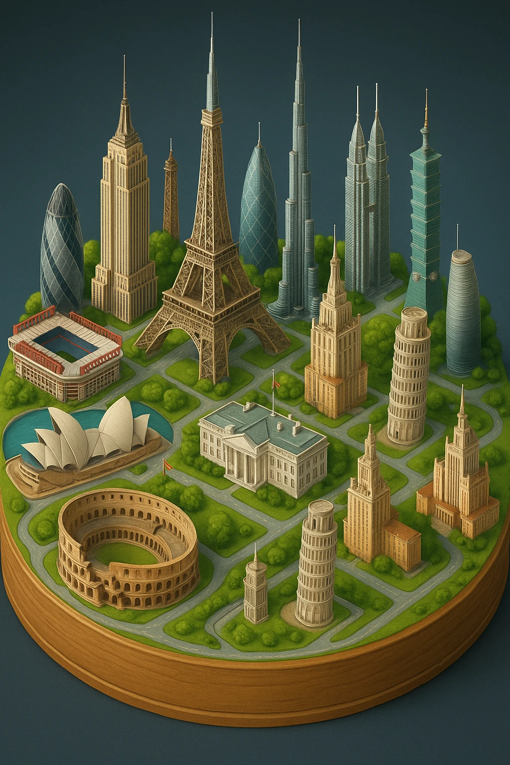 Оставь основу картинки - деревянную подставку, но при этом сгенерируй изометричная, яркая, детализированная и фотореалистичная иллюстрация где будет самые узнаваемые здания мира Эмпайр Стейт Билдинг, Эйфелева башня, Колизей, Сиднейская опера, стадион Сан-Сиро, Белый Дом Пизанская башня, здание МГУ, Бурдж-Халифа, Башни Петронас, Небоскрёб Фостера в Лондоне, Рейхстаг, Тайбэй emoji