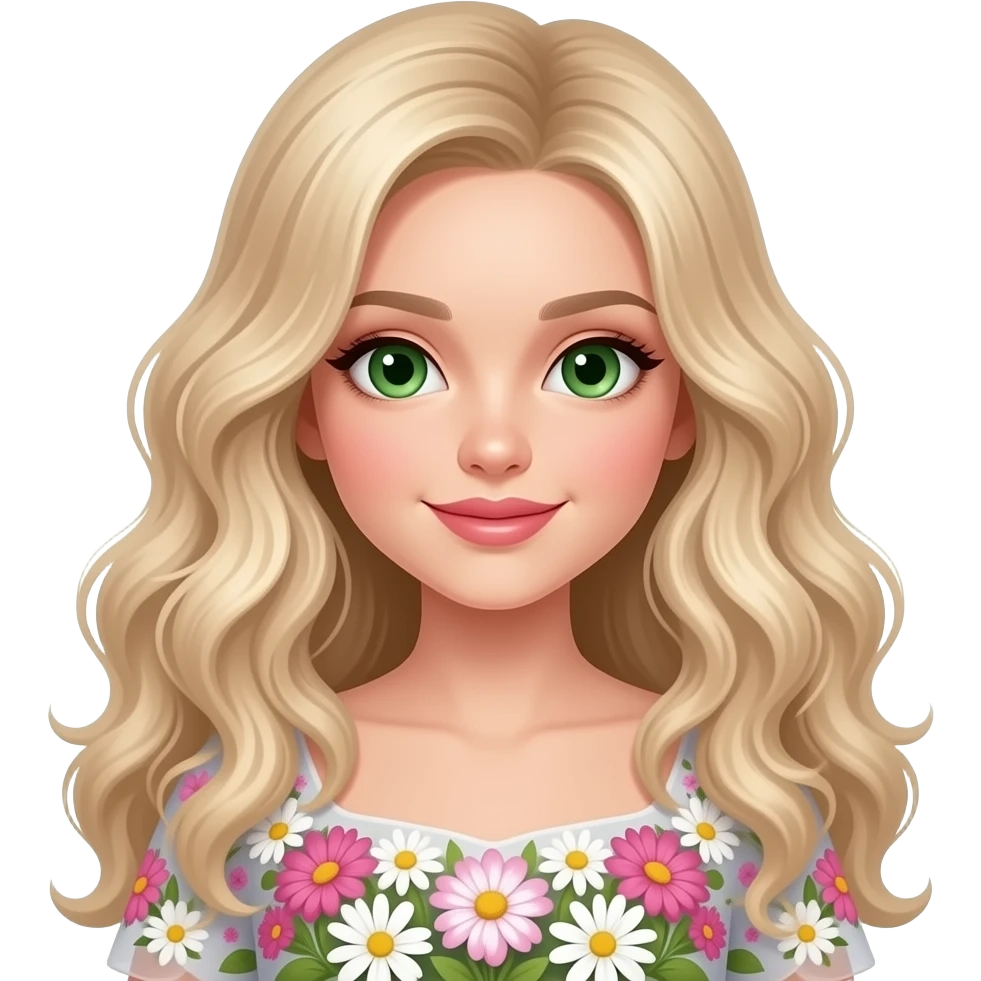 A beautiful girl with green eyes and-long blonde wavy hair a silver curly standard size poodle in the flowers emoji