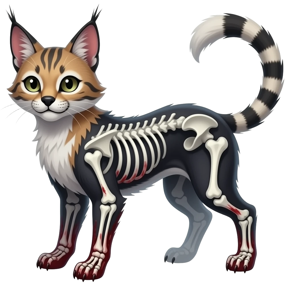 Digitigrade quadrupedal swampy ghostly dull spectral edgy spooky bloody meager thin cool beautiful skeleton-fantasy-caracal-civet-genet-sergal-vernid-Cacomistle-oncilla-animal-Fakémon-hybrid-fursona (full body) emoji