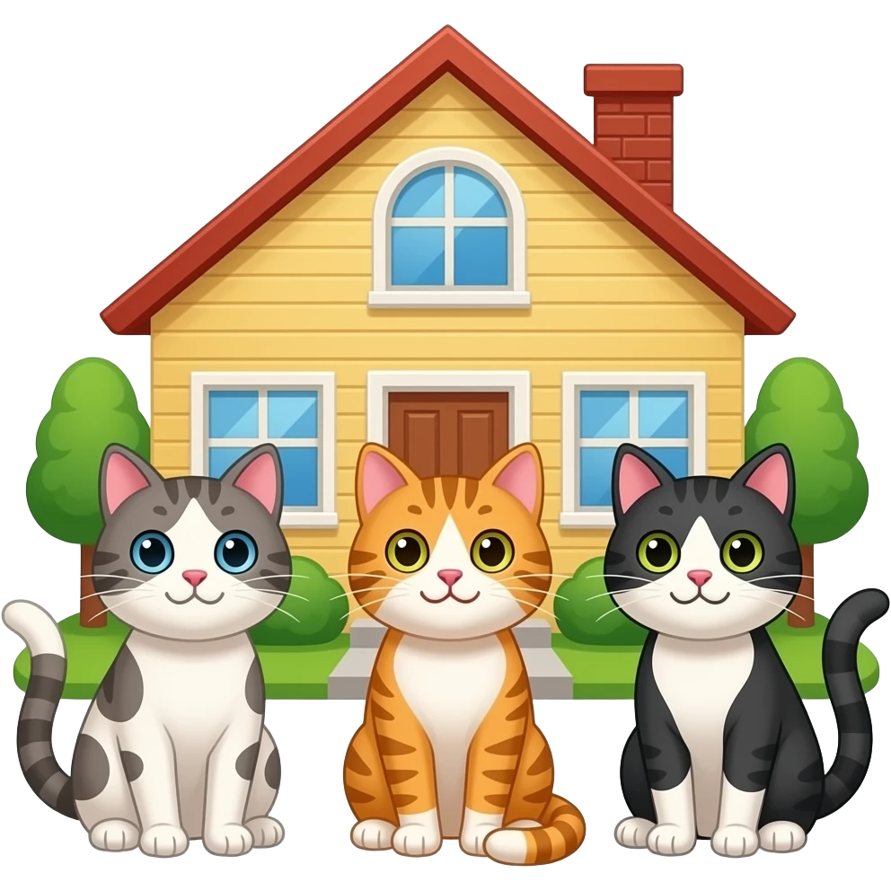 3 happy cats in front of their new house emoji