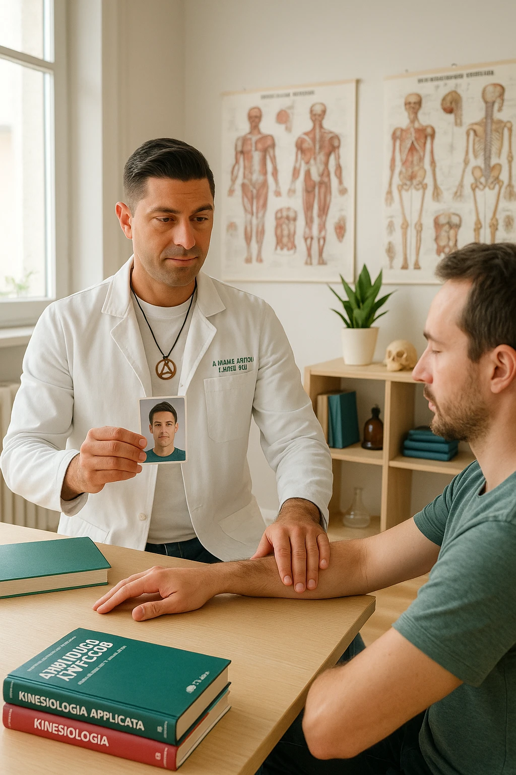 a middle-aged man, dressed in casual professional attire, is in a bright, organized therapy studio. Durante una visita di kinesiologia, il praticante tiene con una mano la foto di una persona lontana (il “testimone”) appoggiata su un tavolo, mentre con l’altra mano esegue un test muscolare su un cliente presente. Sullo sfondo si vedono libri di kinesiologia, poster anatomici e strumenti tipici della disciplina. L’atmosfera è concentrata e serena, con luce naturale che entra dalla finestra, sottolineando l’aspetto alternativo e umano della pratica. emoji