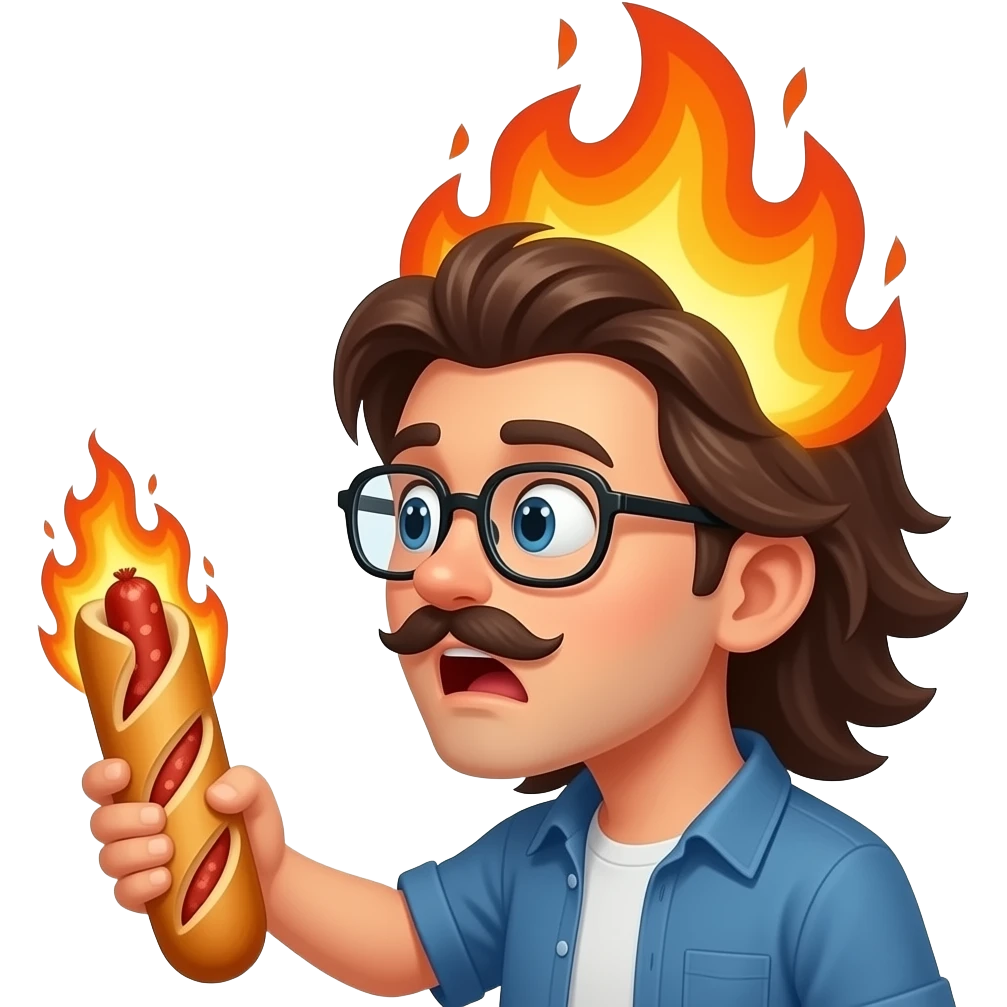 A boy with  LONG hair and a mustacheand glasses  really shocked at a baguette with a sausage inside, make the buys head go on fire, make the baguette glow and make it side view(only the head of the boy) emoji