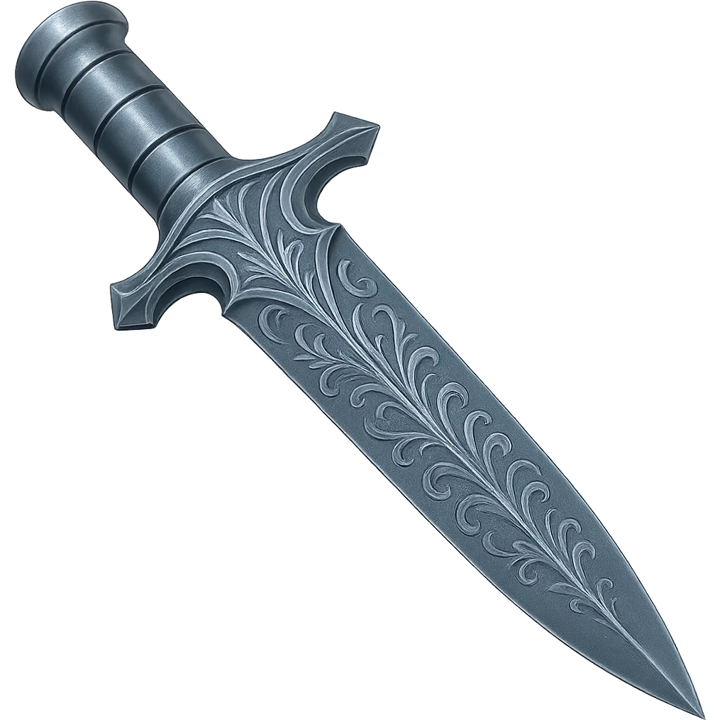 Recolor this weapon to match the blueish-gray steel color and ornate engravings of the reference helmet. Emphasize the cool metallic finish and detailed engravings, matching the helmet exactly. Transparent background. The style should reflect a cool metallic look with detailed engravings as seen in the helmet reference. emoji
