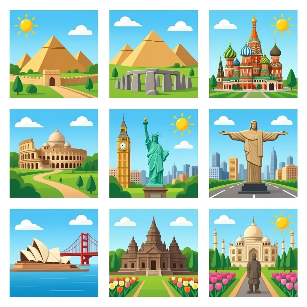 Pyramids, Great Wall, colosseum, Stonehenge, st. Basil’s cathedral, Taj Mahal, leaning tower of pisa, Big Ben, Eiffel Tower, Statue of Liberty, Machu Picchu, Cristo redentor, hagia Sophia, Golden Gate Bridge, Sydney opera house, keukenhof park, Angkor wat, and terracotta army emoji