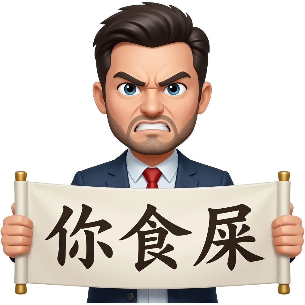 An angry man with a banner in traditional chinese "你食屎" emoji