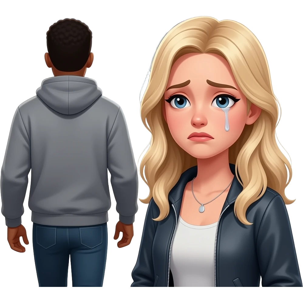 Black man in gray hoodie walking awaybinnthe other direction from sad blonde girlfriend emoji