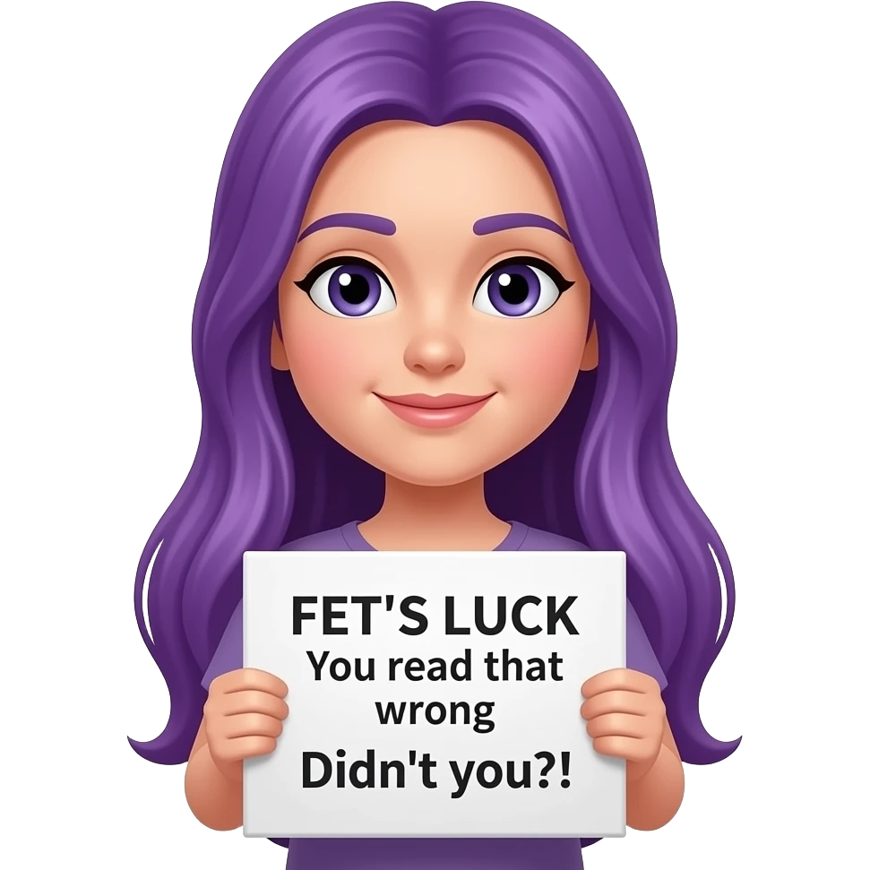girl with long purple hair holding a FET'S LUCK You read that wrong Didn't you?! sign emoji