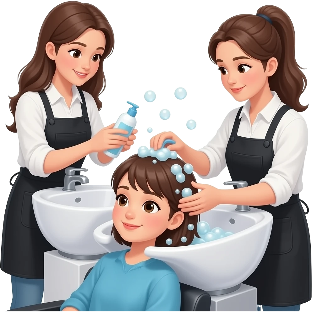 Girl at a hair salon getting her hair washed at the sink, hairdresser gently washing her hair with shampoo, lots of soap bubbles, relaxing salon atmosphere, modern salon chairs and mirrors, soft lighting, clean and aesthetic, realistic style emoji