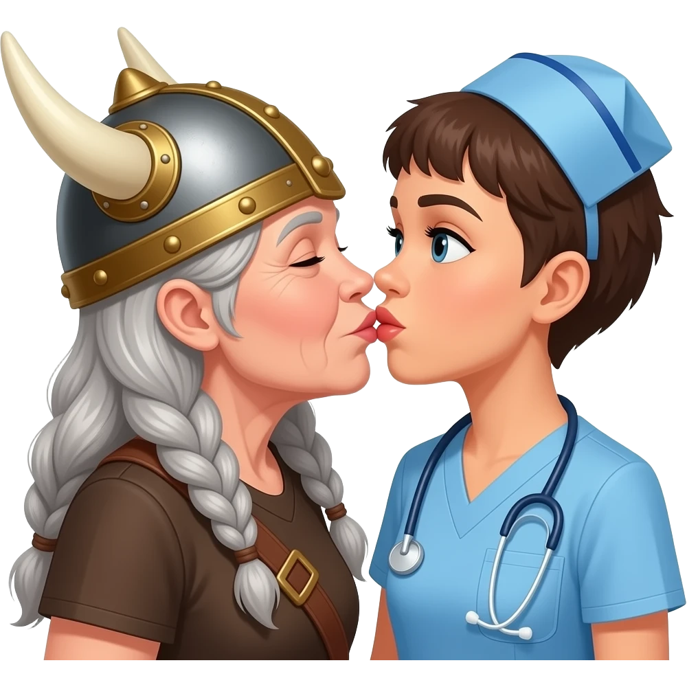 Viking helmet older woman with gray braids kissing old pixie hair brunette nurse cap on lips emoji